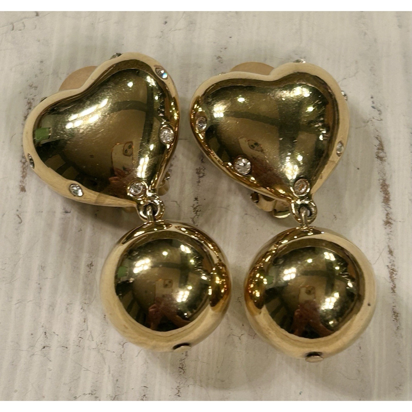 Givenchy Vintage Heart Ball Drop Earrings Rhinestone Gold Chunky Signed 1980s